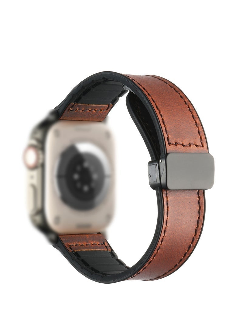 Magnetic Leather Watch Band for Apple Watch Ultra, 49mm 45mm 44mm 42mm, Magnetic Buckle Replacement Genuine Leather Strap for Apple Watch Series, Brown